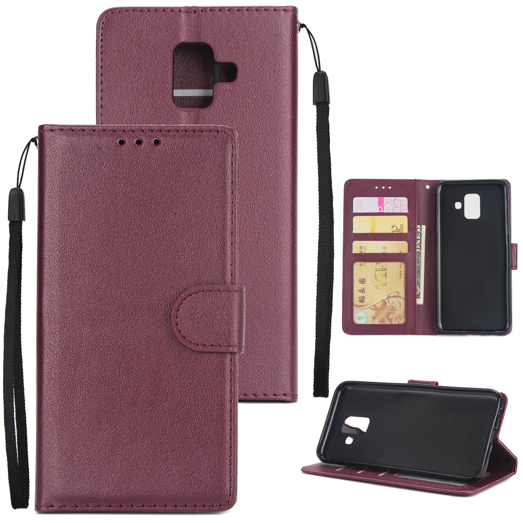 For Samsung J6 plus Flip-type Leather Protective Phone Case with 3 Card Position Buckle Design Phone Cover Red wine