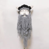 Funny Crazy Halloween Cosplay Men Knit Viking Beard Horn Hat Ski Mask Cap Barbarian Vagabond Cool Beanie Winter Warm Unisex Hat light gray_Free size