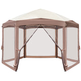 Khaki Top Fabric, Dark Brown Edge, White Bracket, Hexagonal Arc Top Folding Shed, 6 Veils And Net Cloth, With Black Bag, Folding Shed