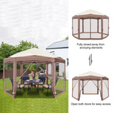 Khaki Top Fabric, Dark Brown Edge, White Bracket, Hexagonal Arc Top Folding Shed, 6 Veils And Net Cloth, With Black Bag, Folding Shed