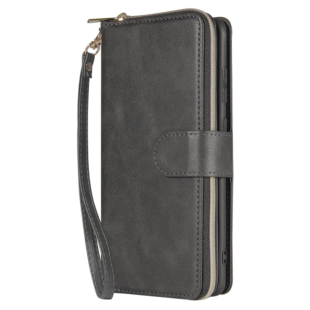 For Samsung S10/S20/S10E/ S10 Plus Pu Leather Mobile Phone Cover Zipper Card Bag + Wrist Strap black