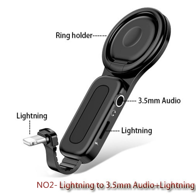 Dual Apple Interface Ring Bracket Adapter USAMS 3.5mm Audio and Charger Phone Holder 2A Fast Charging OTG Adapter for iPhone iOS+3.5mm interface