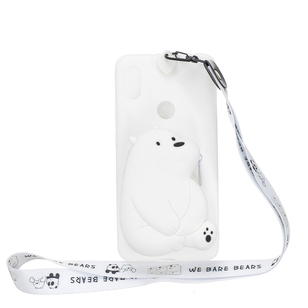 For HUAWEI Y6 2019 Y7 2019 Y9 2019 Cartoon Full Protective TPU Mobile Phone Cover with Mini Coin Purse+Cartoon Hanging Lanyard 6 white big bear