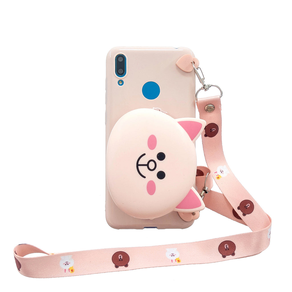 For HUAWEI Y6/Y7 Prime 2019 Cellphone Case Mobile Phone Shell Shockproof TPU Cover with Cartoon Cat Pig Panda Coin Purse Lovely Shoulder Starp Pink