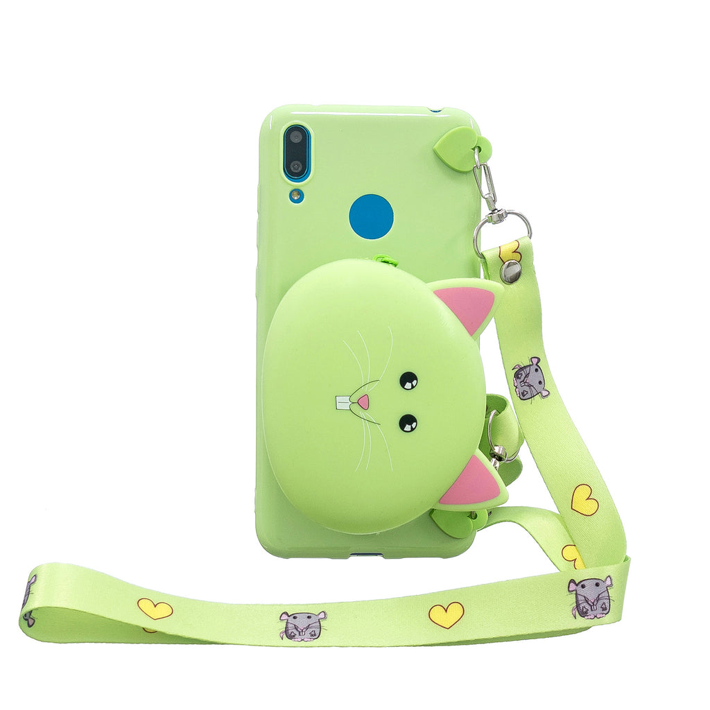 For HUAWEI Y6/Y7 Prime 2019 Cellphone Case Mobile Phone Shell Shockproof TPU Cover with Cartoon Cat Pig Panda Coin Purse Lovely Shoulder Starp Green