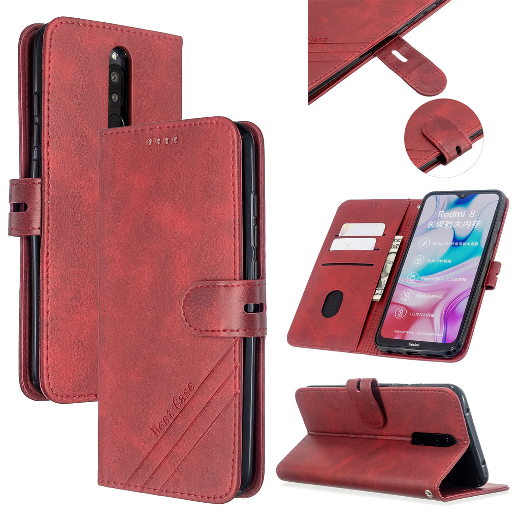 For Redmi Note 8T/Redmi 8/Redmi 8A Case Soft Leather Cover with Denim Texture Precise Cutouts Wallet Design Buckle Closure Smartphone Shell red