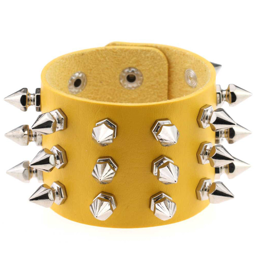 Gothic Delicate Cuspidal Spikes Rivet Leather Bracelets Punk Bracelet for Women Men  yellow