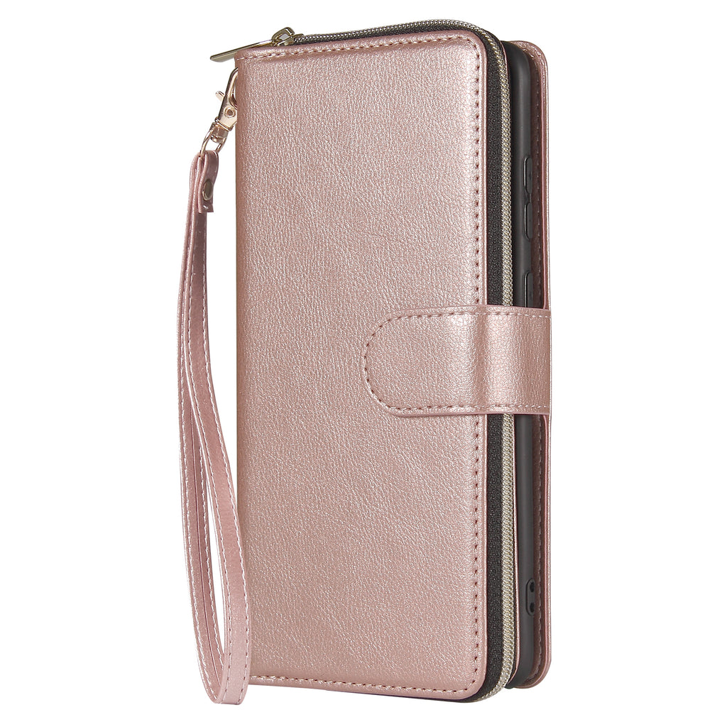 For Samsung S10/S20/S10E/ S10 Plus Pu Leather Mobile Phone Cover Zipper Card Bag + Wrist Strap Rose gold