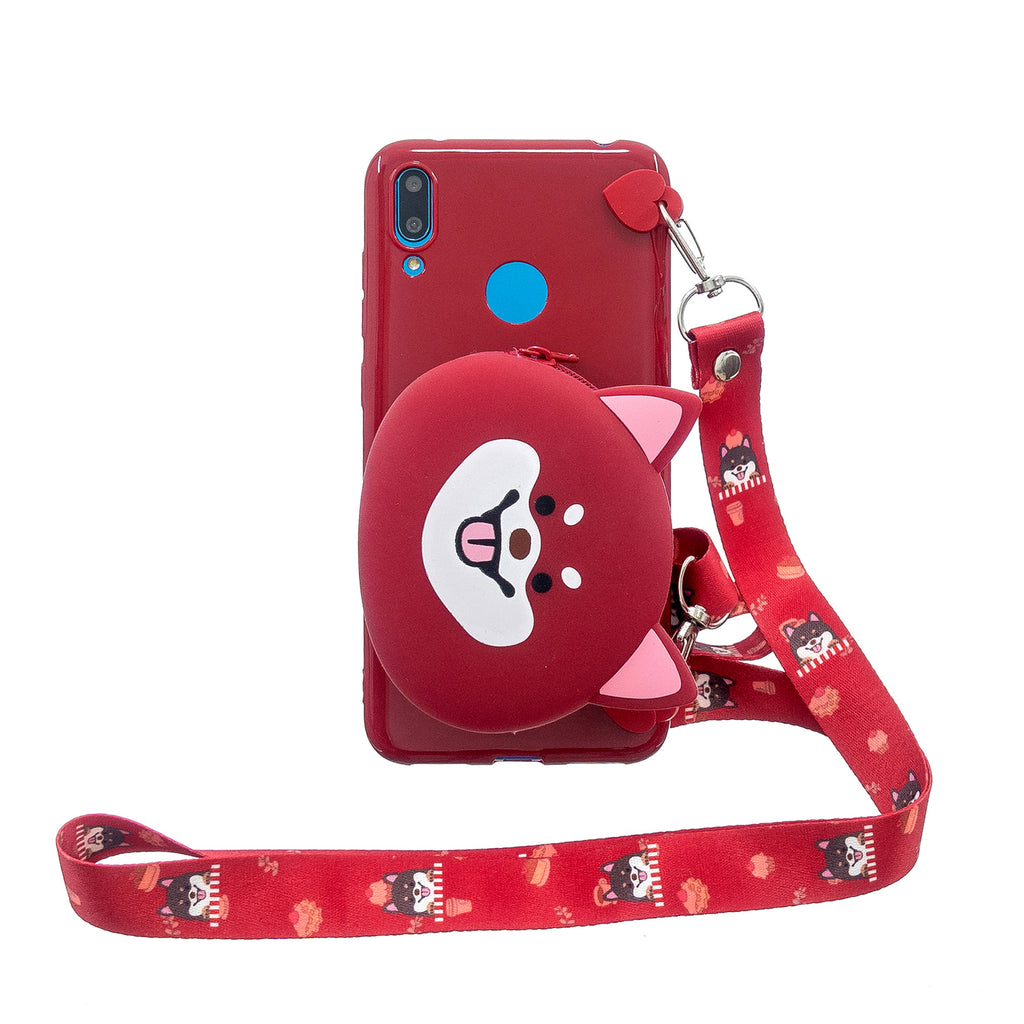 For HUAWEI Y6/Y7 Prime 2019 Cellphone Case Mobile Phone Shell Shockproof TPU Cover with Cartoon Cat Pig Panda Coin Purse Lovely Shoulder Starp Red