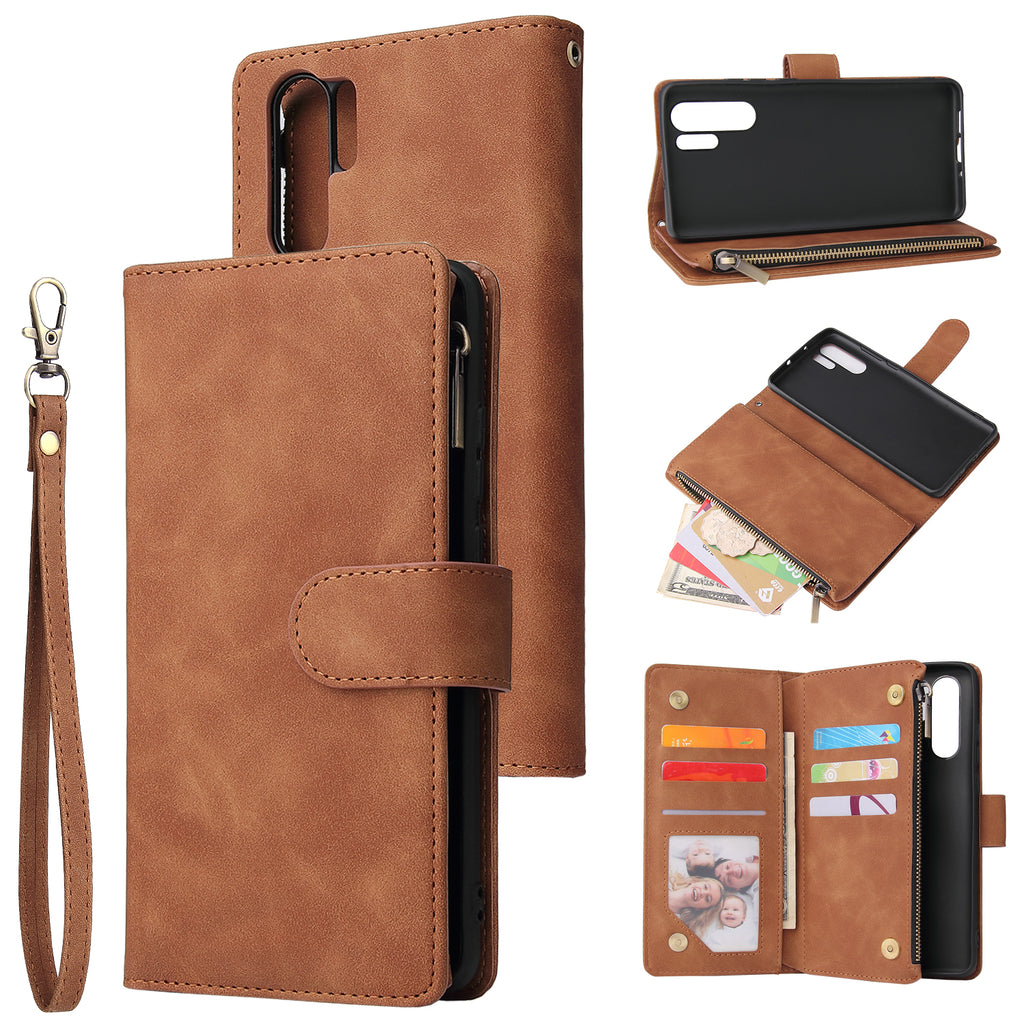 For HUAWEI P30 HUAWEI P30 lite HUAWEI P30 pro Multi-card Bracket Coin Wallet Zipper Mobile Phone PU Leather Phone Case 4 brown