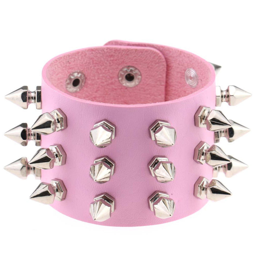 Gothic Delicate Cuspidal Spikes Rivet Leather Bracelets Punk Bracelet for Women Men  Pink