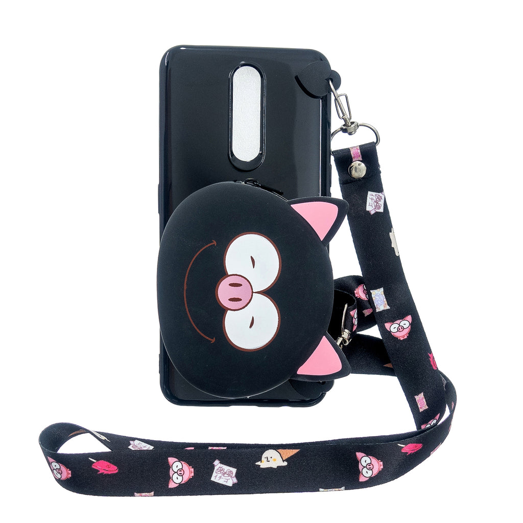 For OPPO F11/F11 Pro Cellphone Case Mobile Phone TPU Shell Shockproof Cover with Cartoon Cat Pig Panda Coin Purse Lovely Shoulder Starp Black