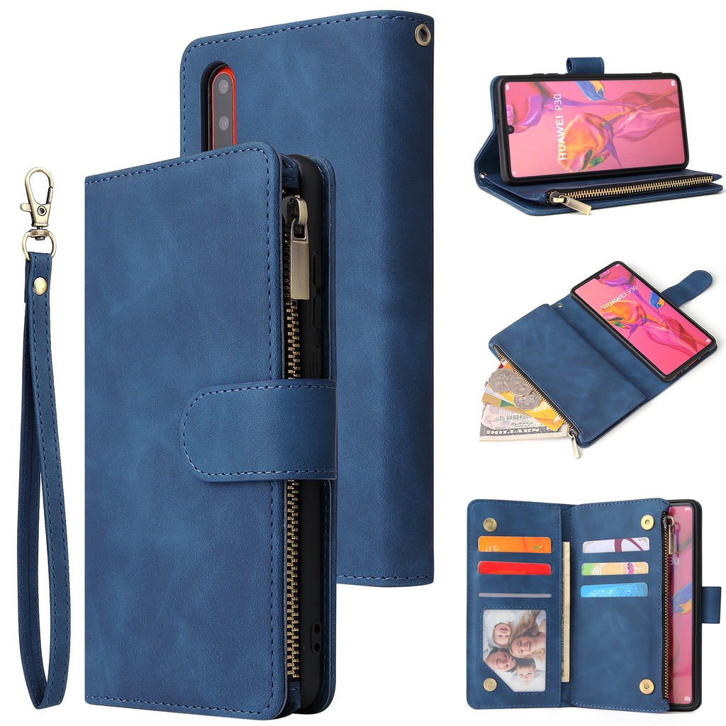 For HUAWEI P30 HUAWEI P30 lite HUAWEI P30 pro Multi-card Bracket Coin Wallet Zipper Mobile Phone PU Leather Phone Case 2 blue