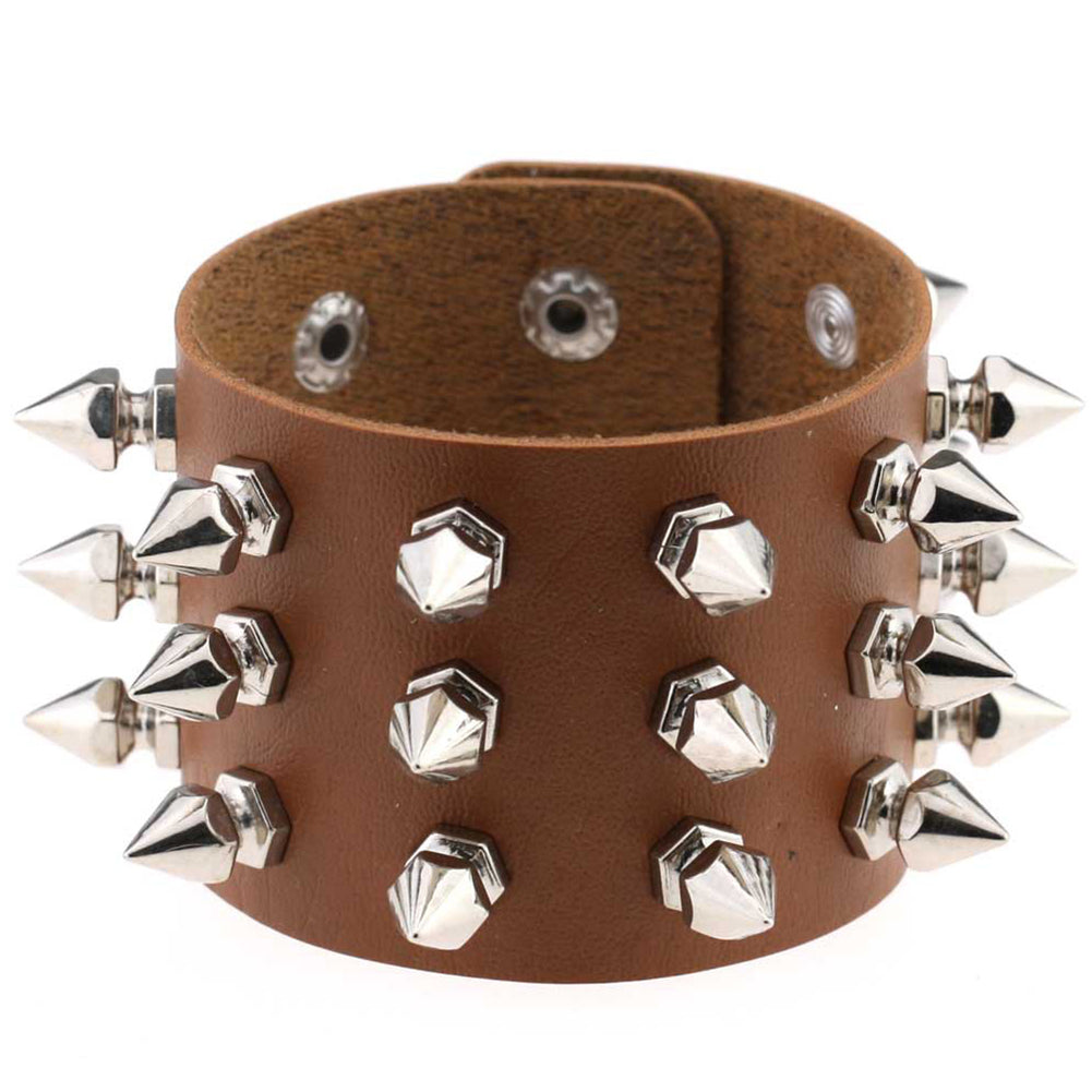 Gothic Delicate Cuspidal Spikes Rivet Leather Bracelets Punk Bracelet for Women Men  Light coffee
