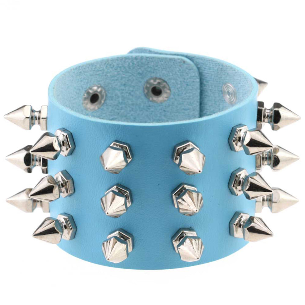 Gothic Delicate Cuspidal Spikes Rivet Leather Bracelets Punk Bracelet for Women Men  Light blue