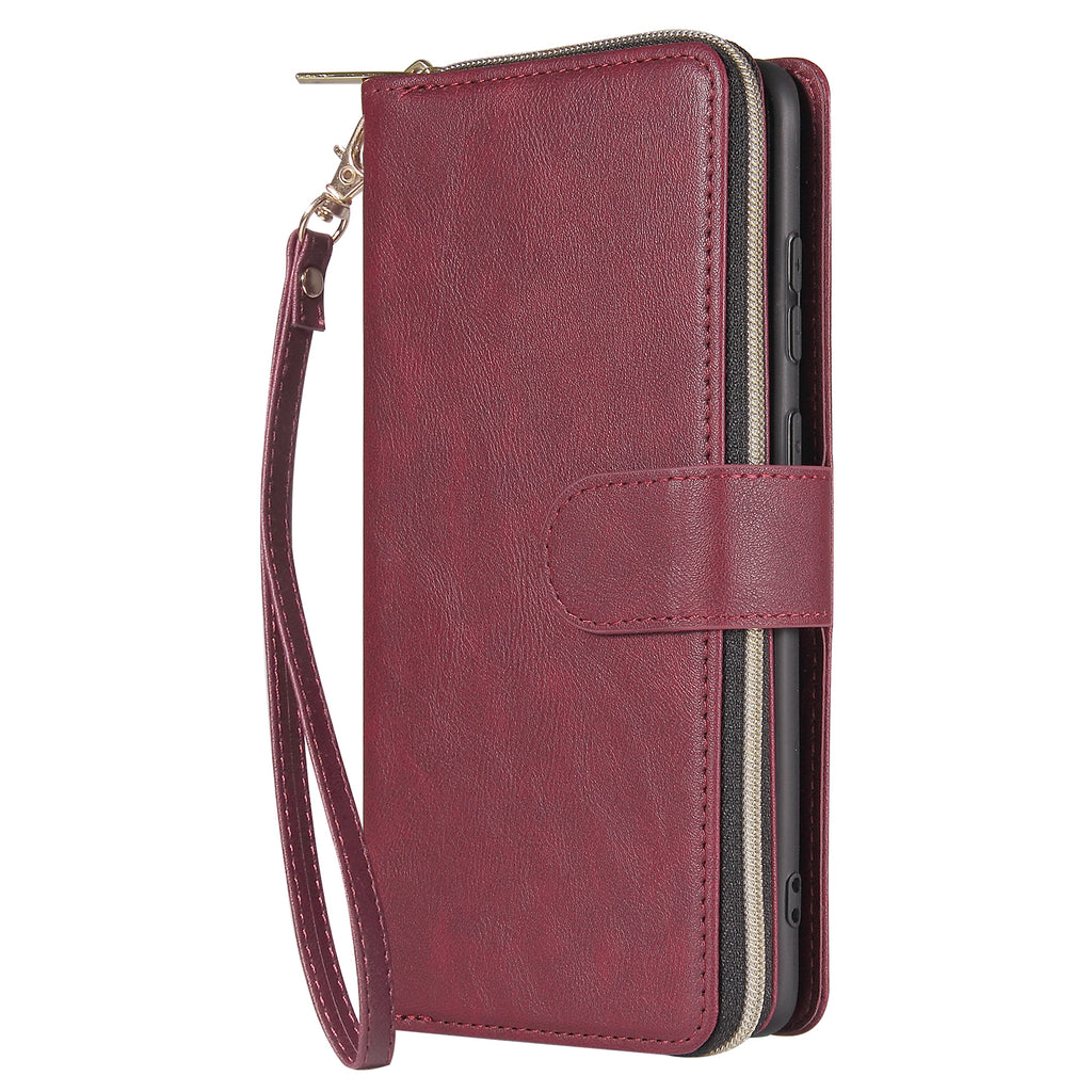 For Samsung S10/S20/S10E/ S10 Plus Pu Leather Mobile Phone Cover Zipper Card Bag + Wrist Strap Red wine