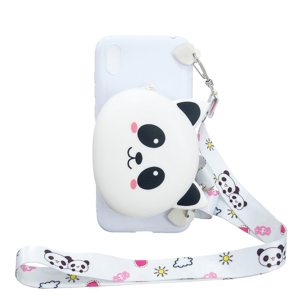 For HUAWEI Y5 2018/Y5 2019 Cellphone Case Mobile Phone Shell Shockproof TPU Cover with Cartoon Cat Pig Panda Coin Purse Lovely Shoulder Starp White