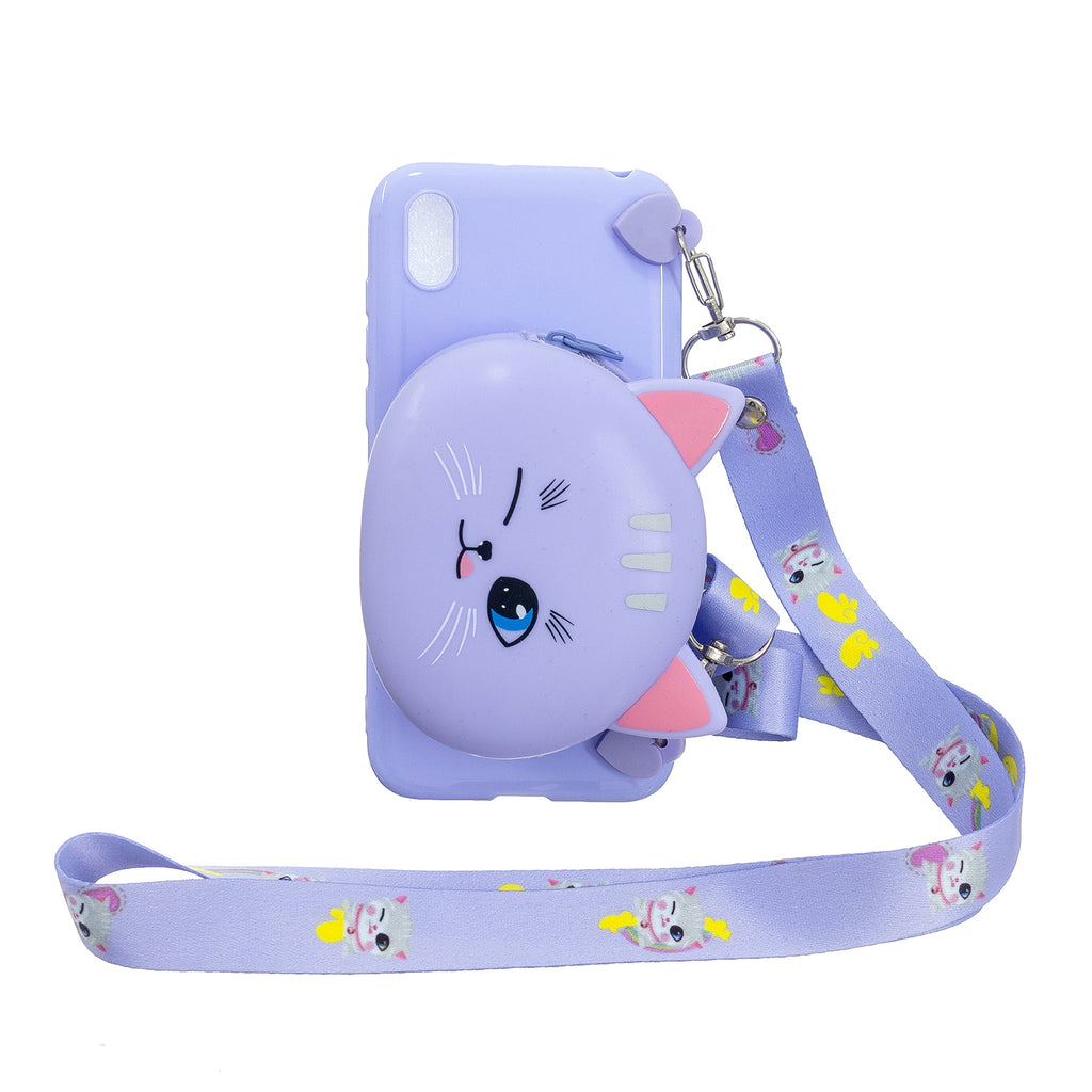 For HUAWEI Y5 2018/Y5 2019 Cellphone Case Mobile Phone Shell Shockproof TPU Cover with Cartoon Cat Pig Panda Coin Purse Lovely Shoulder Starp Purple