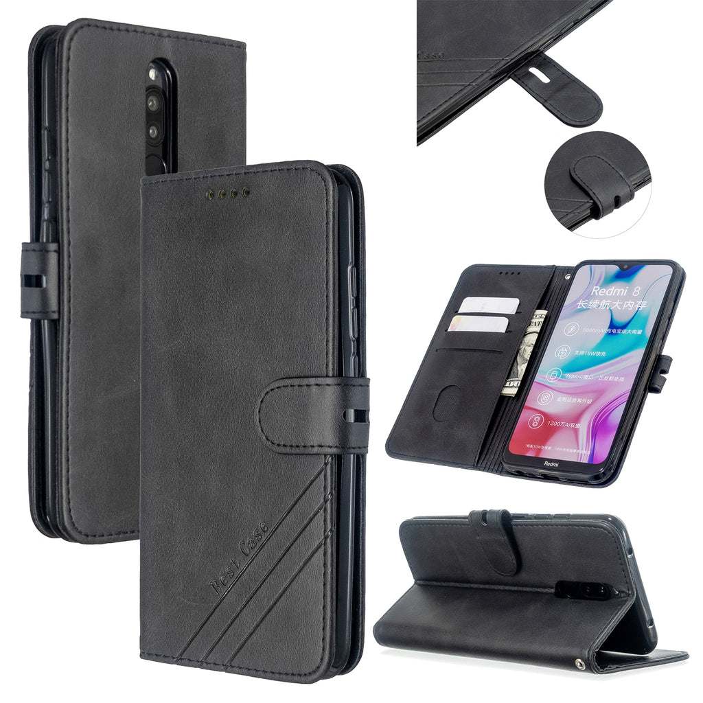 For Redmi Note 8T/Redmi 8/Redmi 8A Case Soft Leather Cover with Denim Texture Precise Cutouts Wallet Design Buckle Closure Smartphone Shell black