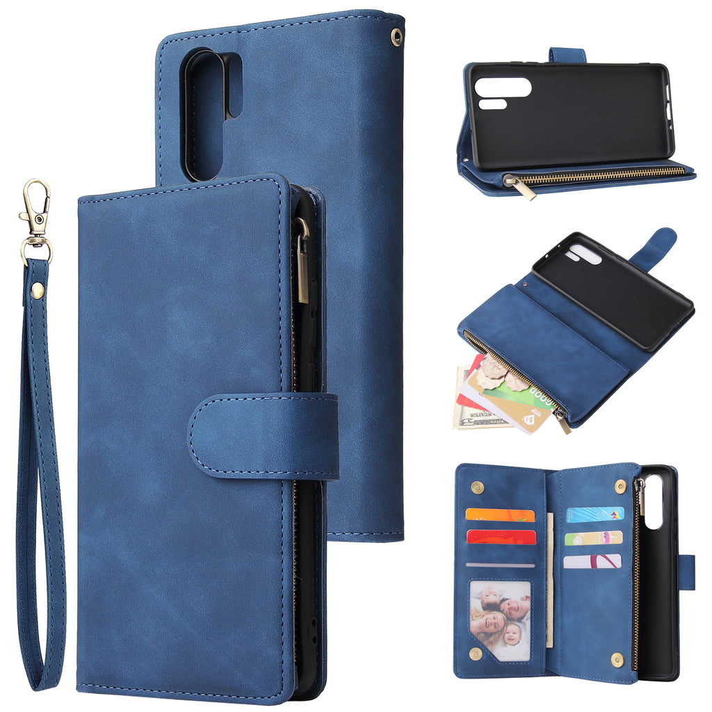 For HUAWEI P30 HUAWEI P30 lite HUAWEI P30 pro Multi-card Bracket Coin Wallet Zipper Mobile Phone PU Leather Phone Case 2 blue