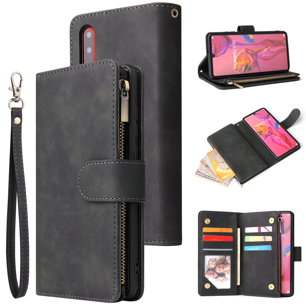 For HUAWEI P30 HUAWEI P30 lite HUAWEI P30 pro Multi-card Bracket Coin Wallet Zipper Mobile Phone PU Leather Phone Case 1 black