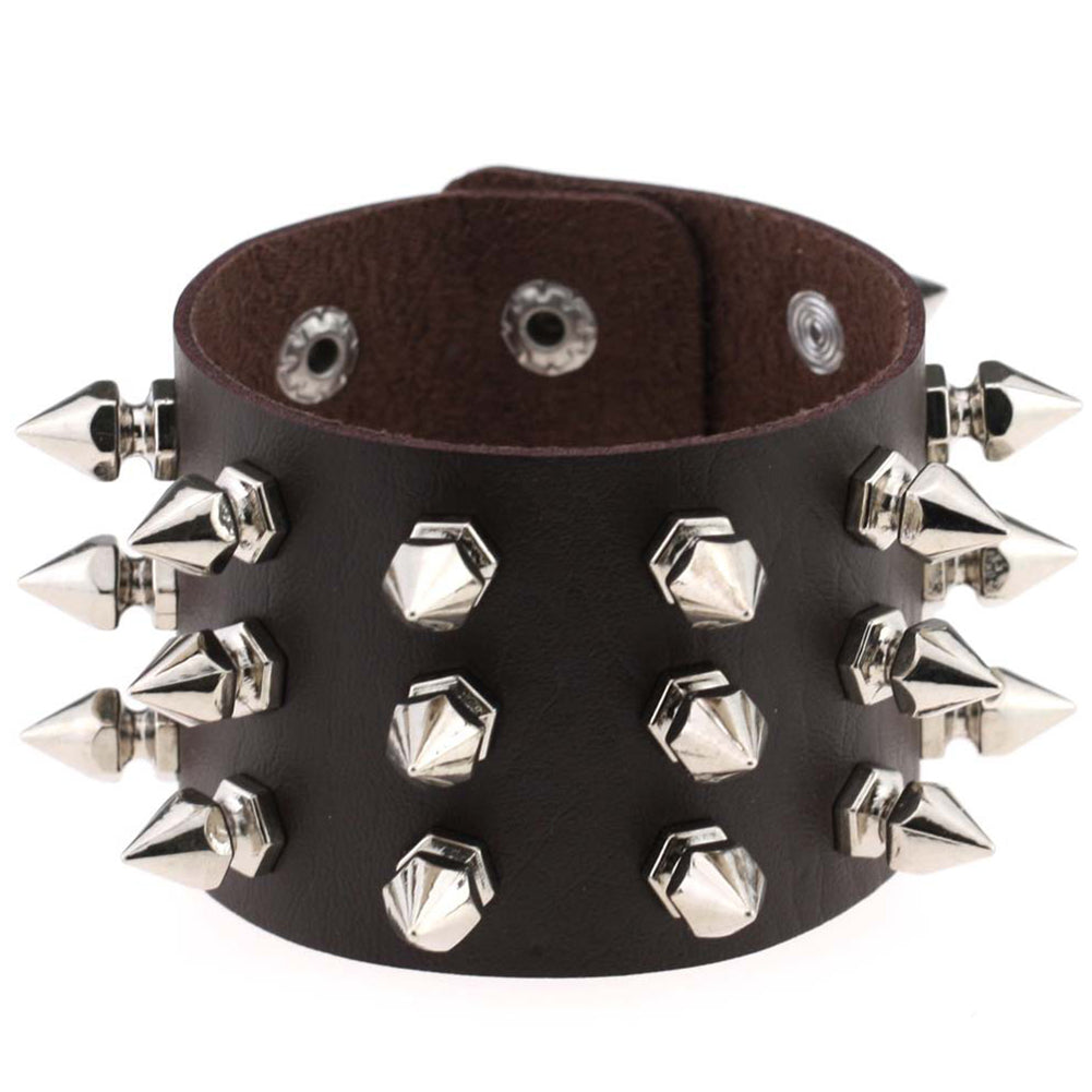 Gothic Delicate Cuspidal Spikes Rivet Leather Bracelets Punk Bracelet for Women Men  dark coffee