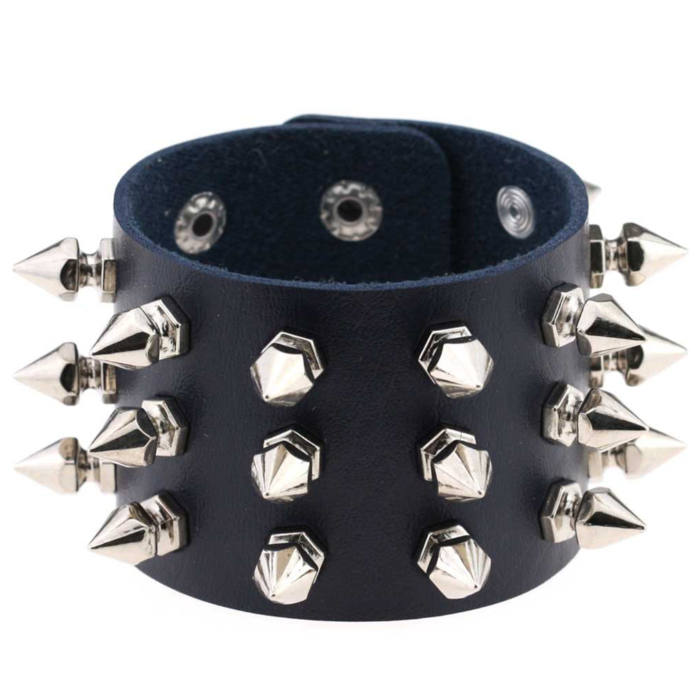 Gothic Delicate Cuspidal Spikes Rivet Leather Bracelets Punk Bracelet for Women Men  Navy blue