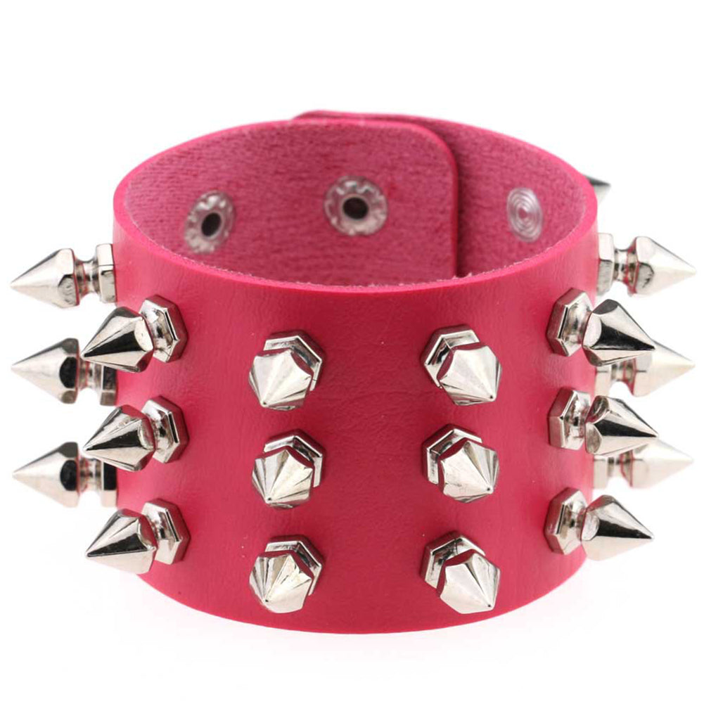 Gothic Delicate Cuspidal Spikes Rivet Leather Bracelets Punk Bracelet for Women Men  rose Red