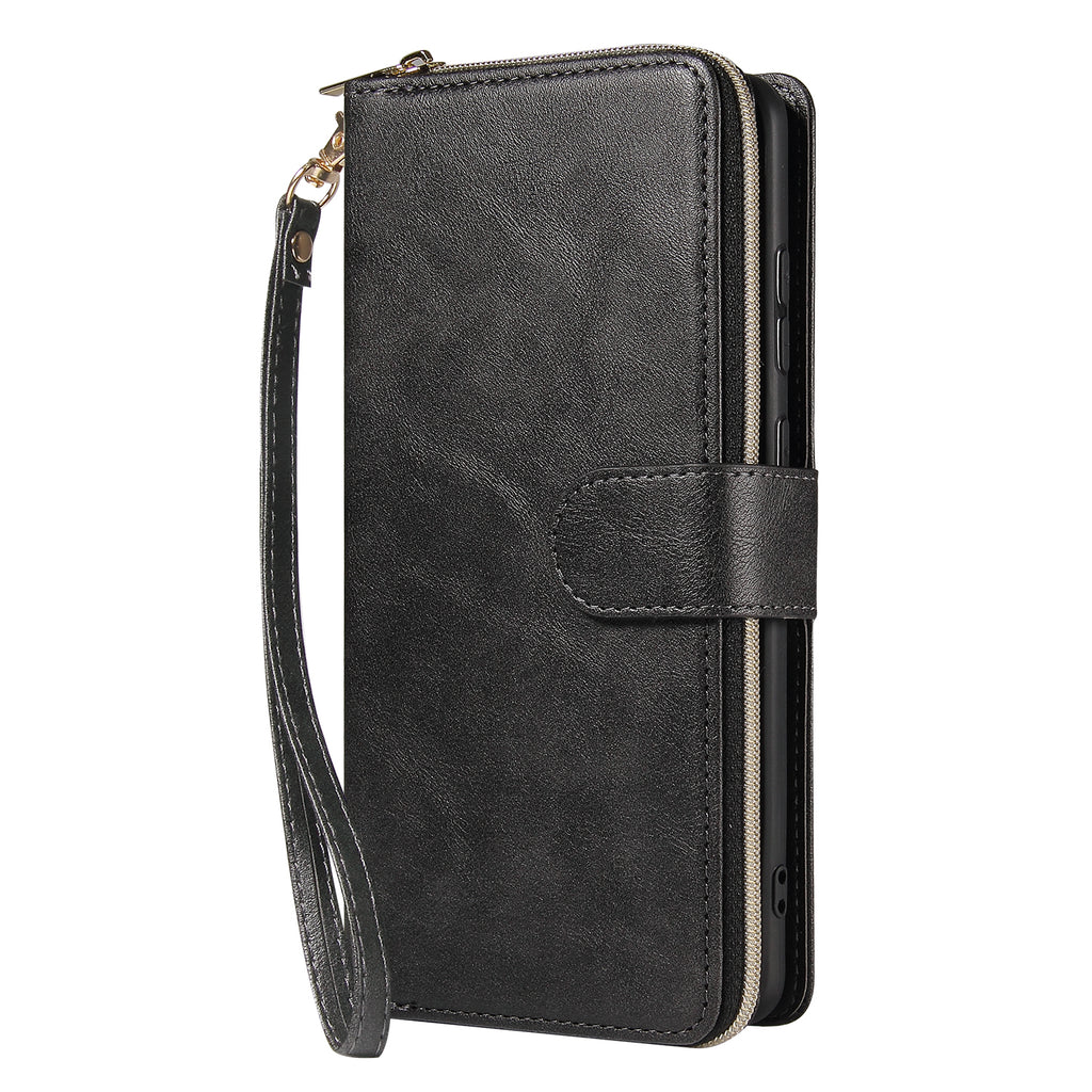 For Samsung S10/S20/S10E/ S10 Plus Pu Leather Mobile Phone Cover Zipper Card Bag + Wrist Strap black