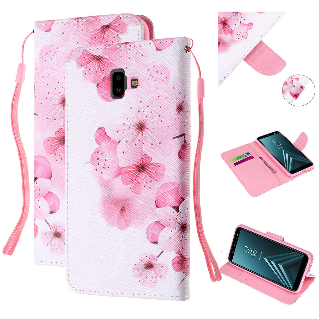 For Samsung J4 Plus/J6 Plus Cartoon Phone Shell Delicate Smartphone Case PU Leather Overall Protective Wallet Design peach blossom