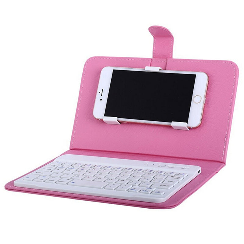 Portable PU Leather Wireless Keyboard Case for iPhone with Bluetooth Keyboard for 4.2-6.8 Inch Phones pink_Bluetooth keyboard + leather case