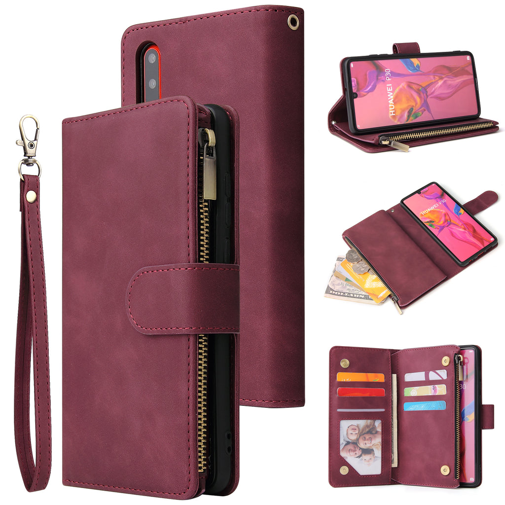 For HUAWEI P30 HUAWEI P30 lite HUAWEI P30 pro Multi-card Bracket Coin Wallet Zipper Mobile Phone PU Leather Phone Case 5 wine red