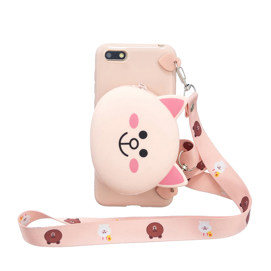 For HUAWEI Y5 2018/Y5 2019 Cellphone Case Mobile Phone Shell Shockproof TPU Cover with Cartoon Cat Pig Panda Coin Purse Lovely Shoulder Starp Pink