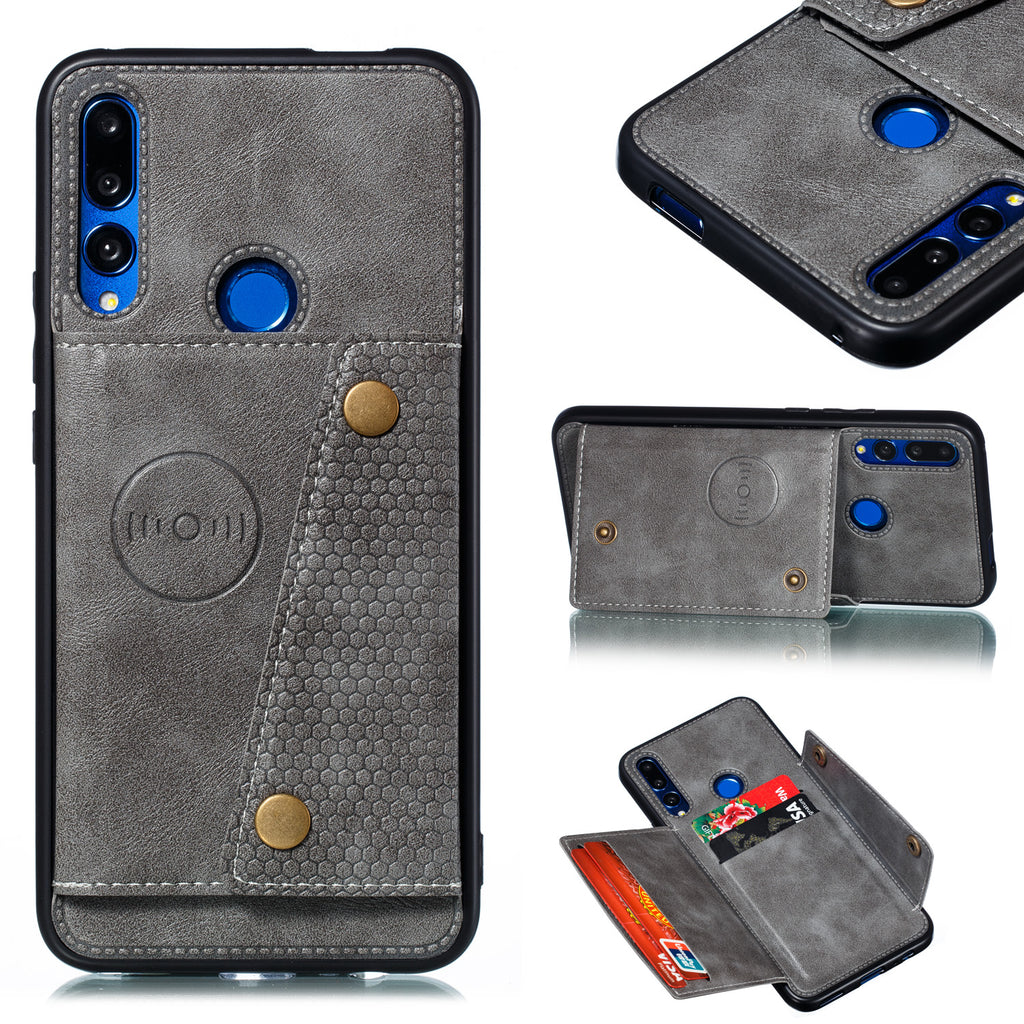 For HUAWEI Y9 prime 2019 PU Leather Shockproof Cell Phone Case Anti-dust Phone Case with Double Buckle Card Slot Pocket gray