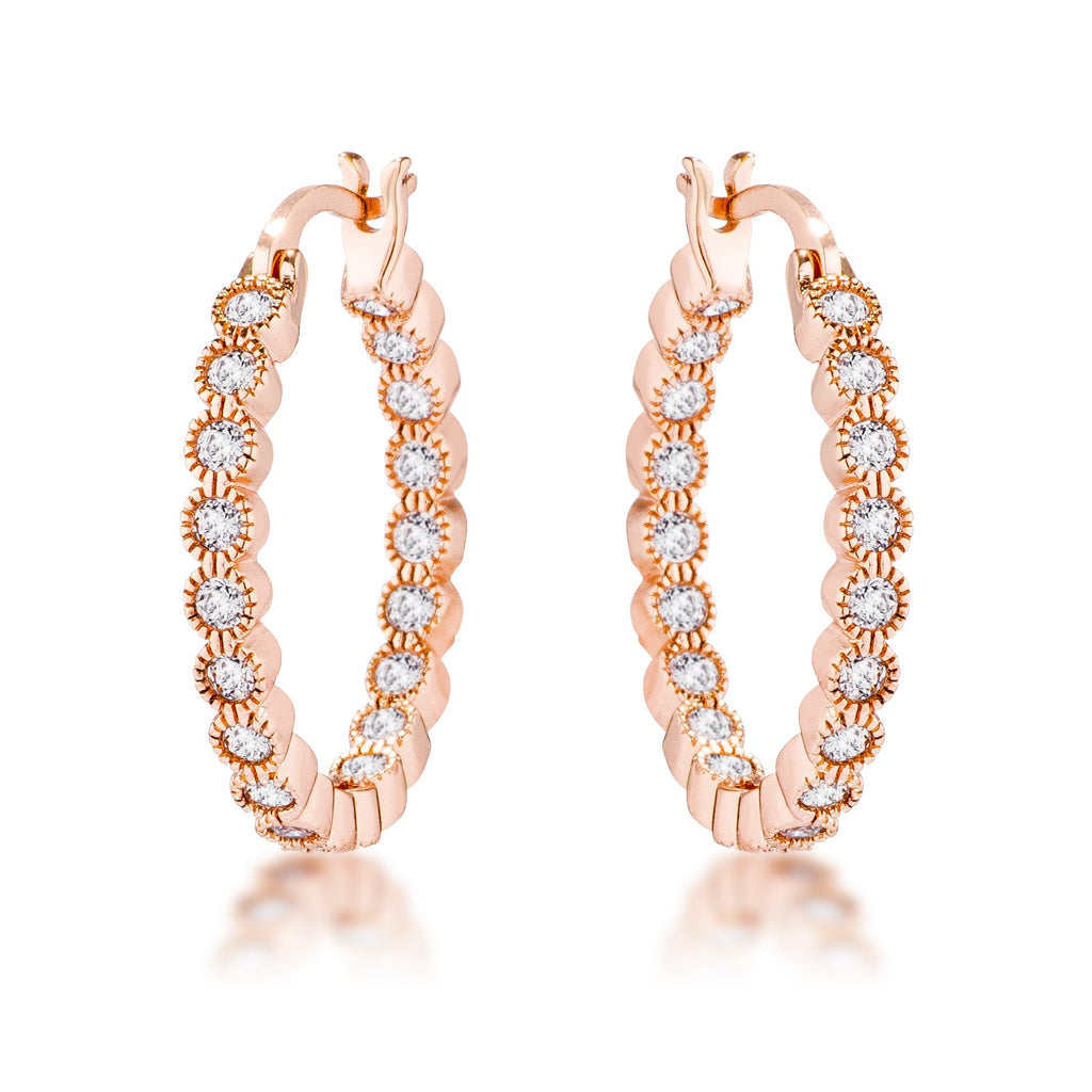 Rose Gold Plated Dotted Clear CZ Round Bezel Hoop Earrings