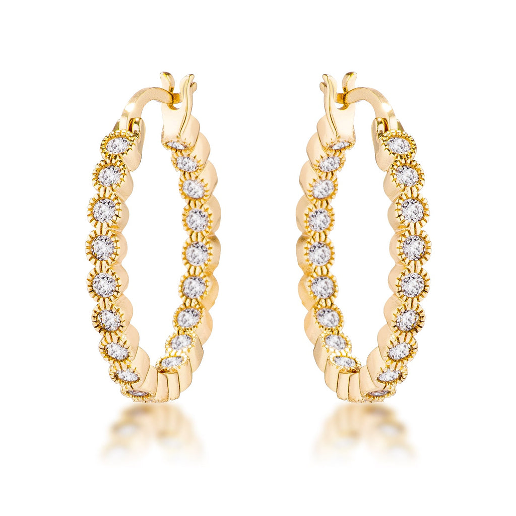 Gold Plated Dotted Clear CZ Round Bezel Hoop Earrings