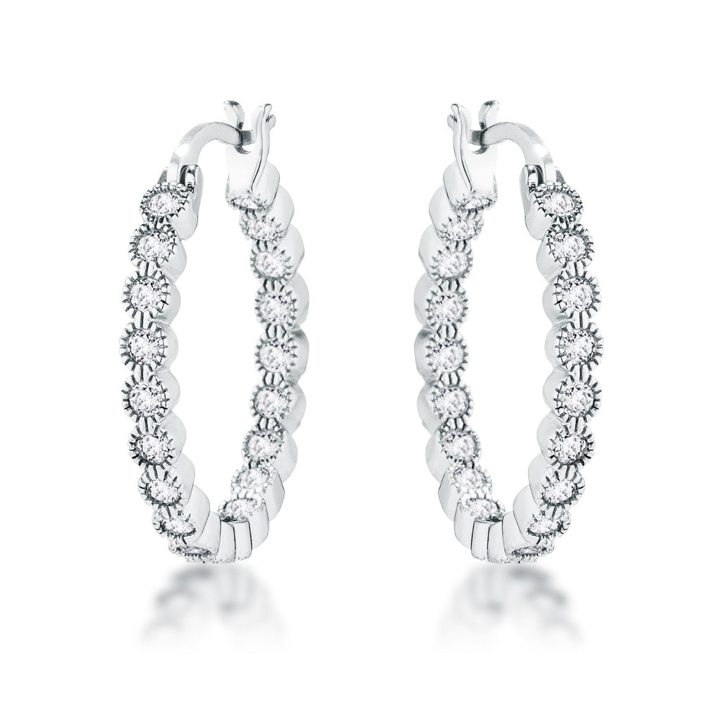 Rhodium Plated Dotted Clear CZ Round Bezel Hoop Earrings