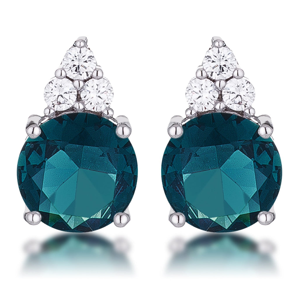 Simple Rhodium Plated 9mm Blue Green CZ Stud Earring