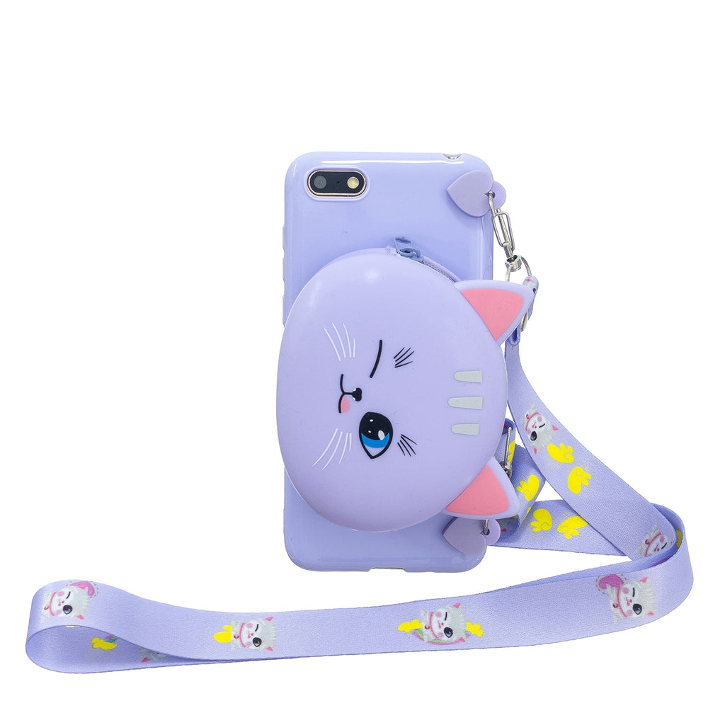 For HUAWEI Y5 2018/Y5 2019 Cellphone Case Mobile Phone Shell Shockproof TPU Cover with Cartoon Cat Pig Panda Coin Purse Lovely Shoulder Starp Purple