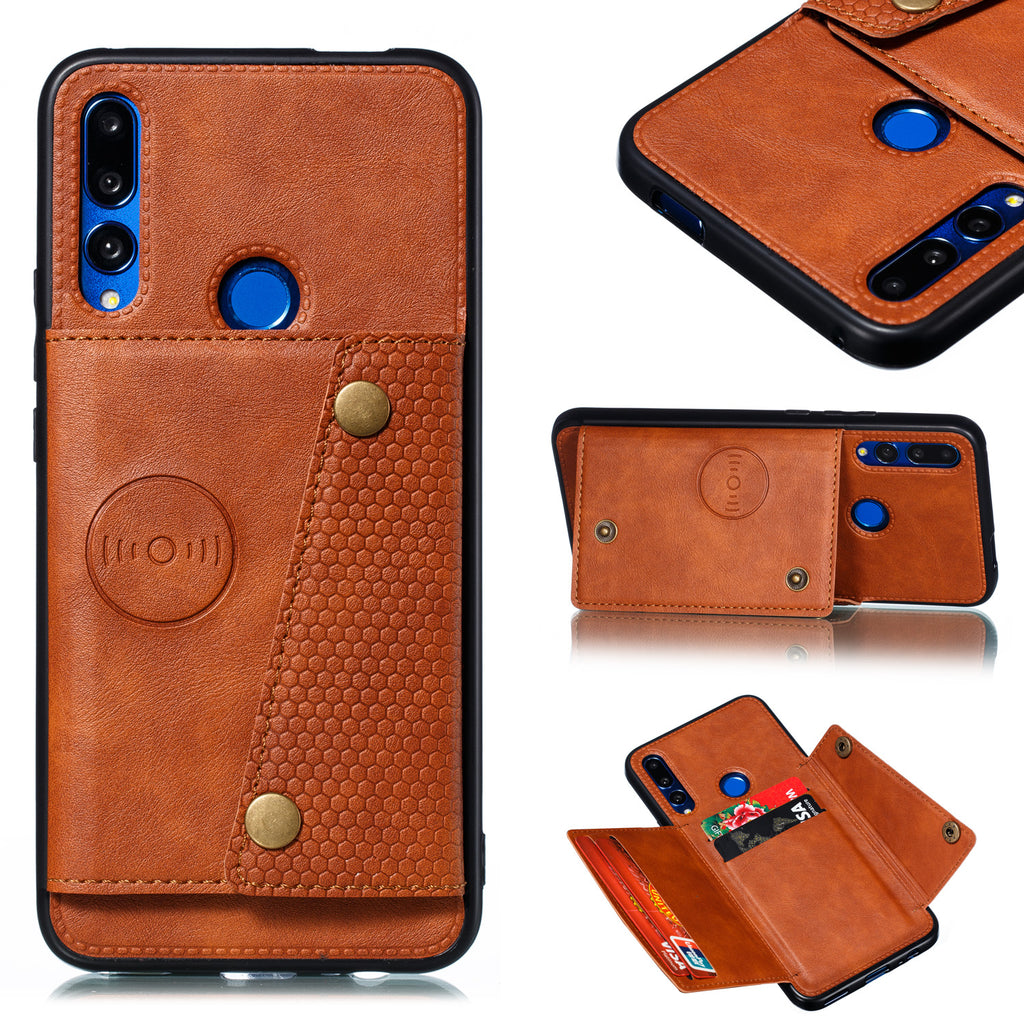 For HUAWEI Y9 prime 2019 PU Leather Shockproof Cell Phone Case Anti-dust Phone Case with Double Buckle Card Slot Pocket Light Brown