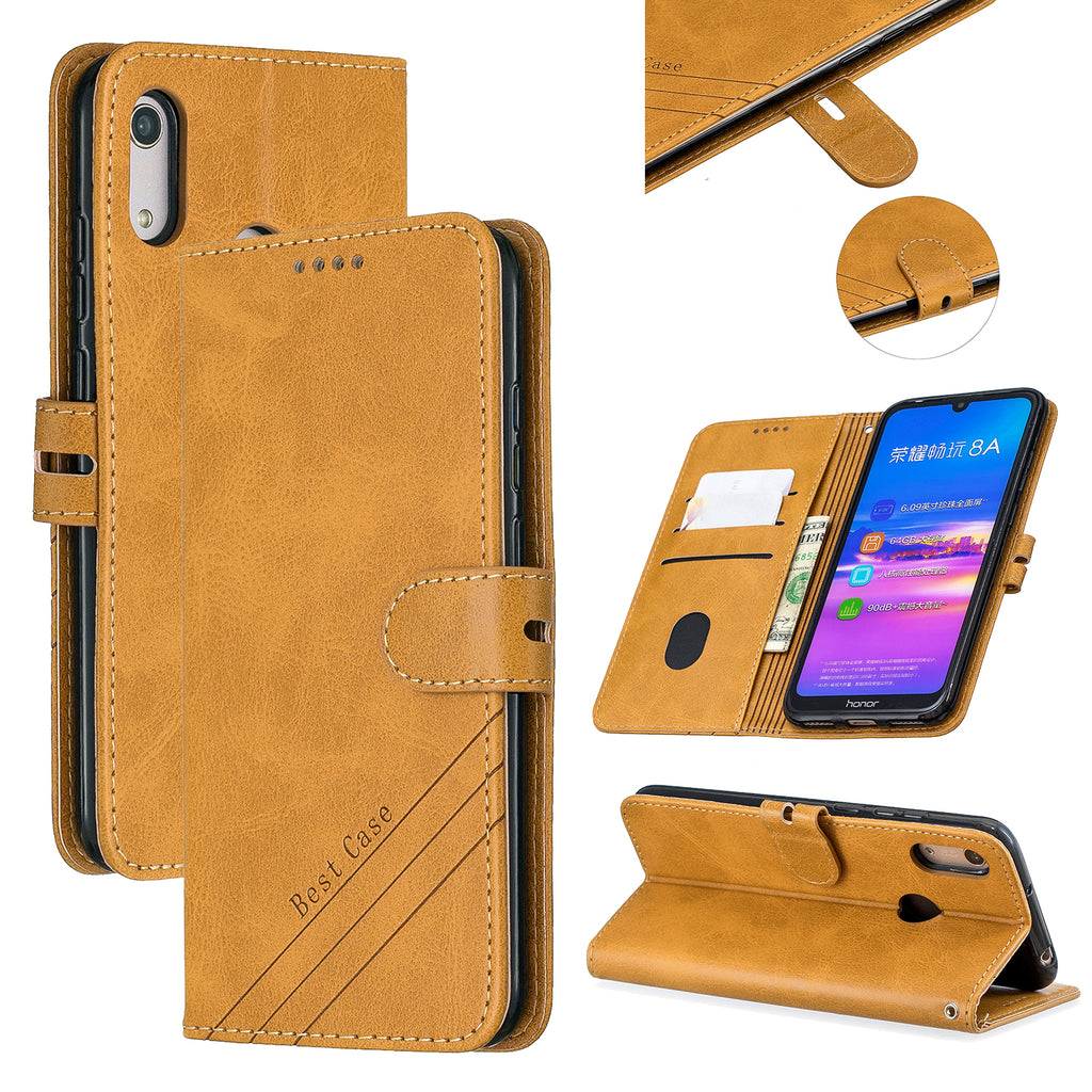 For HUAWEI Y6 2019 Denim Pattern Solid Color Flip Wallet PU Leather Protective Phone Case with Buckle & Bracket yellow