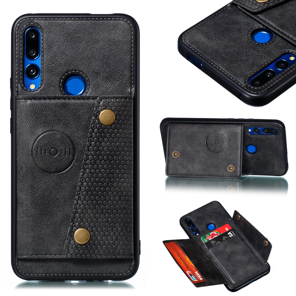 For HUAWEI Y9 prime 2019 PU Leather Shockproof Cell Phone Case Anti-dust Phone Case with Double Buckle Card Slot Pocket black