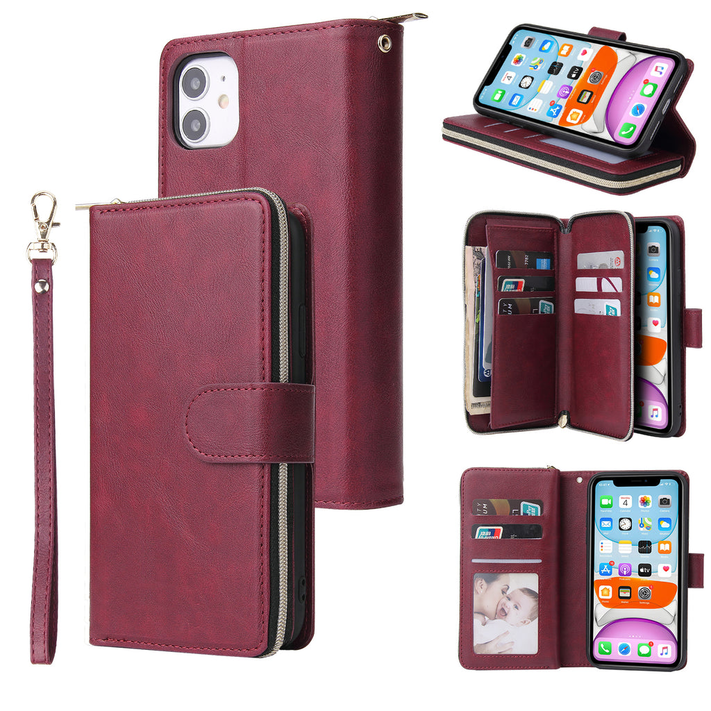 For iphone X/XS/XS MAX/11/11Pro Pu Leather Mobile Phone Cover Zipper Card Bag + Wrist Strap Red wine