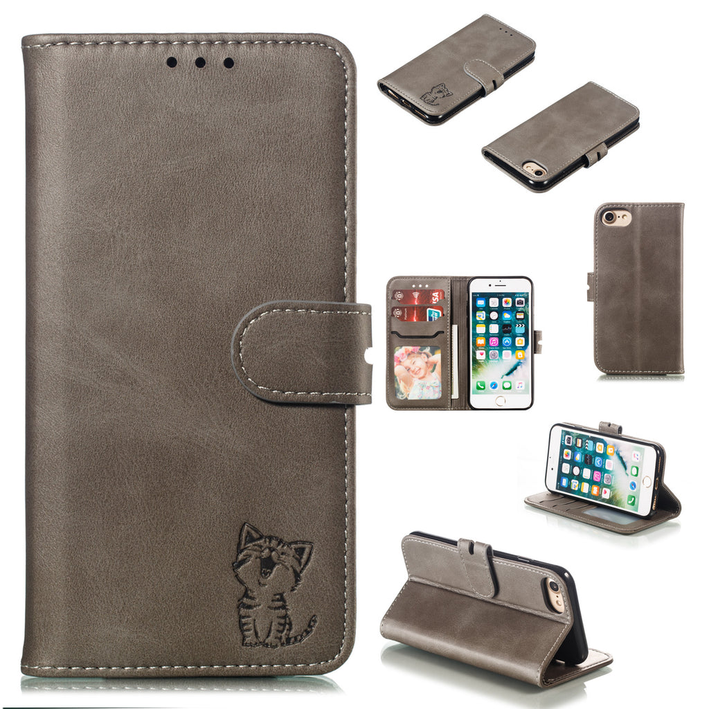 For iPhone 6/6S/7/8 Wallet-type Cute Cartoon Embossed Happy Cat PU Leather Protective Phone Case with Buckle & Bracket gray