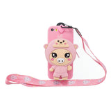 For Iphone 5 / 5S / SE Cartoon Hanging Lanyard + Fall Resistant Cartoon TPU Full Protective Mobile Phone Cover with Coin Purse 3 deep pink piglets
