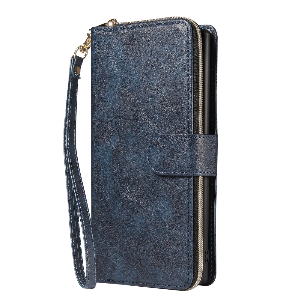 For Samsung A51 5G/A71 5G/Note 10 pro Pu Leather Mobile Phone Cover Zipper Card Bag + Wrist Strap blue