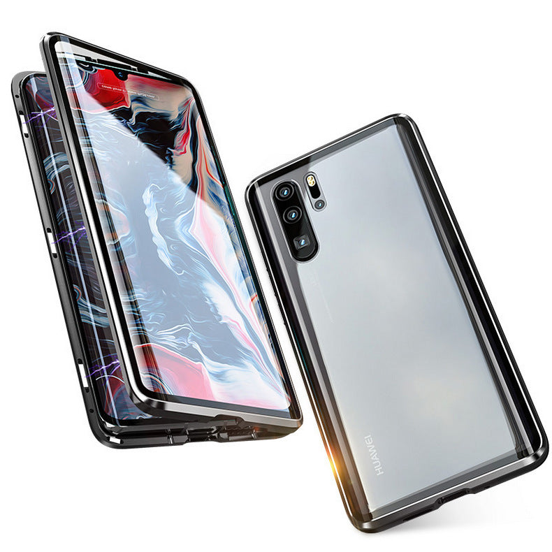 For Huawei P30 Pro/P30 Lite/P30 Front Back Glass Cover Luxury Aluminum Metal Magnet Adsorption Phone Case black_Huawei P30 lite