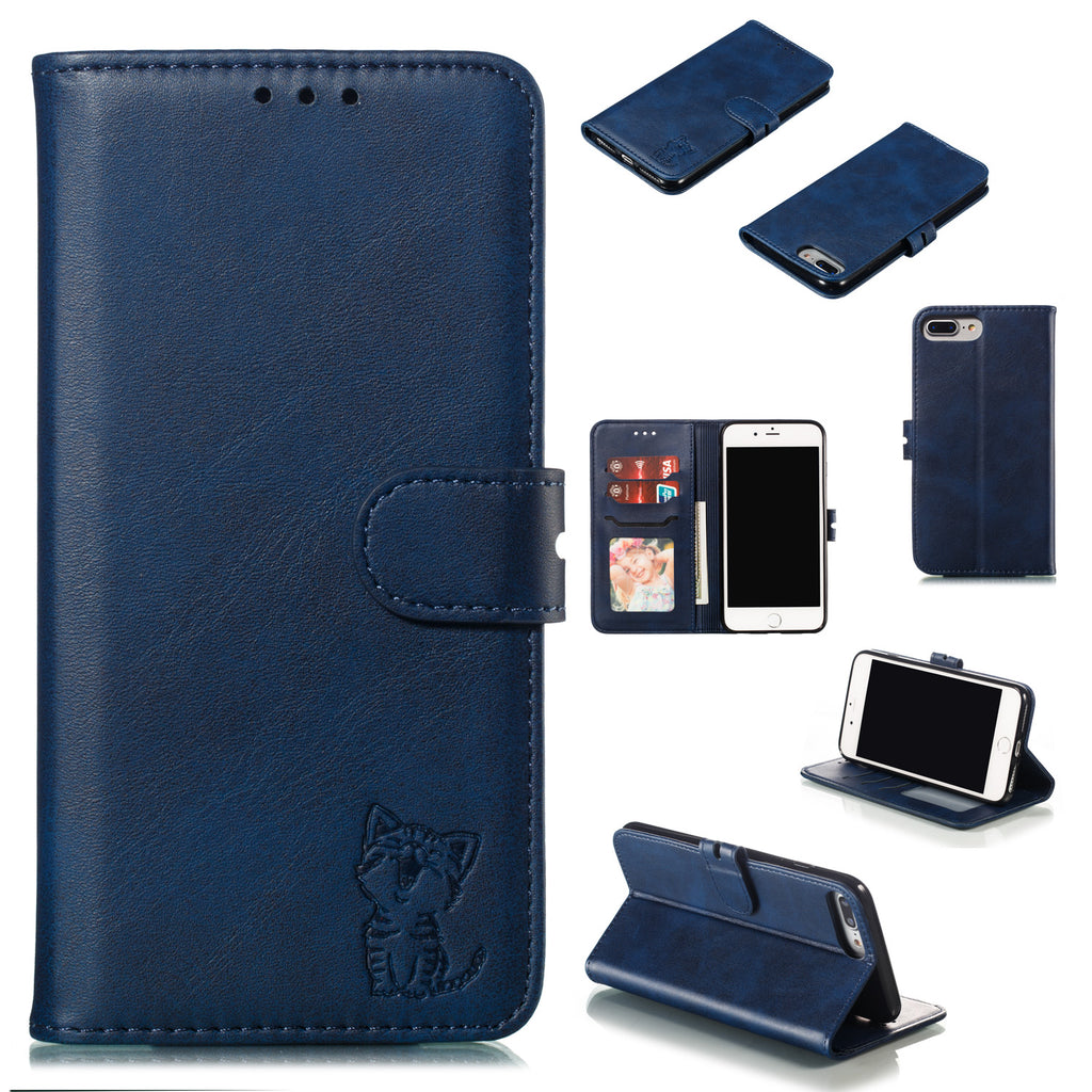For iPhone 6 plus/6S plus/7 plus/8 plus Wallet-type Cute Cartoon Embossed Happy Cat PU Leather Protective Phone Case with Buckle & Bracket blue