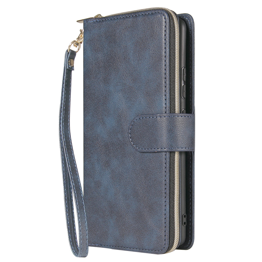 For Samsung A51 5G/A71 5G/Note 10 pro Pu Leather  Mobile Phone Cover Zipper Card Bag + Wrist Strap blue