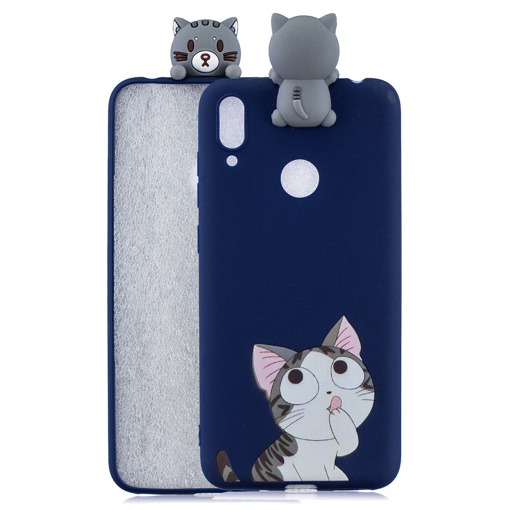 For Huawei Y6 2019 3D Cartoon Lovely Coloured Painted Soft TPU Back Cover Non-slip Shockproof Full Protective Case big face cat